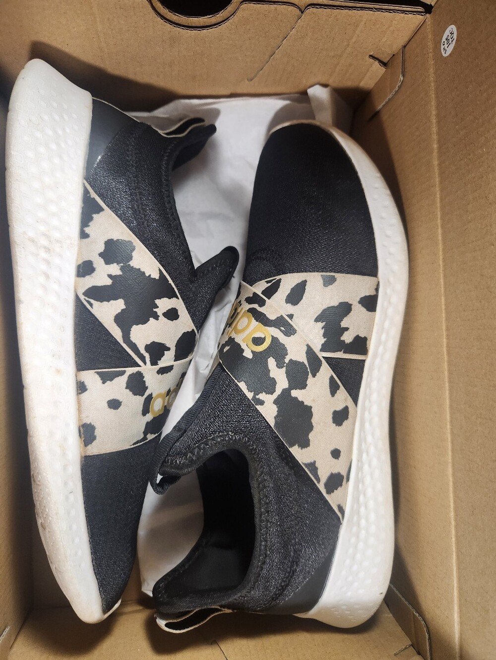 Women's Adidas Black Slip-On Sneakers with Cream & Black Leopard Strap